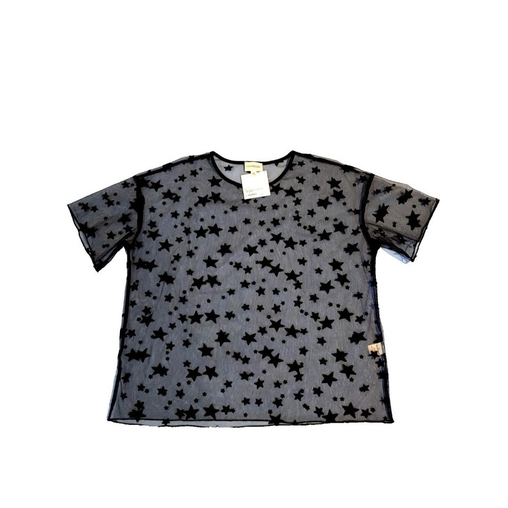 Lala Factory Black Mesh Star Top Sheer Short Sleeve Festival Goth Rave S